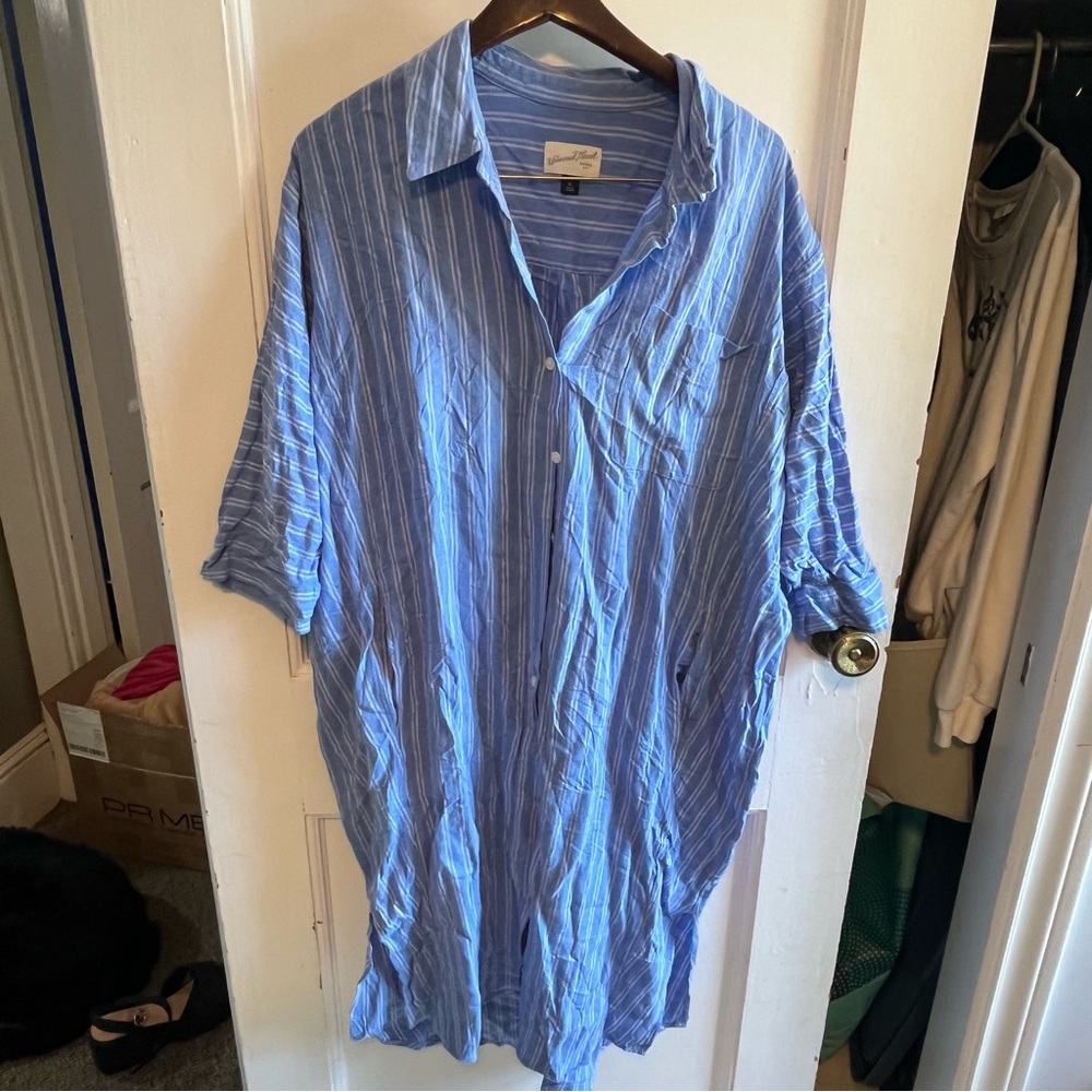 Universal Thread Blue and White linen blend Button Down Shirt dress oversized XL